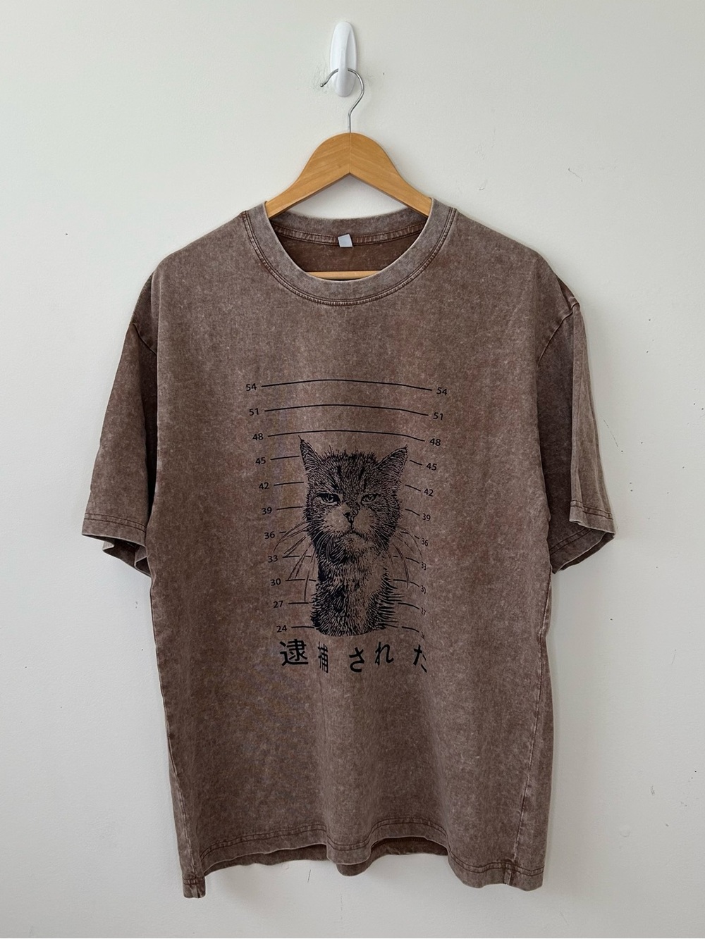 Mens Acid Wash Cat Graphic Print Crew Neck Short Sleeve Cotton T Shirt L